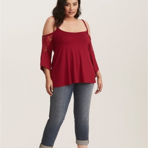 Torrid Super Soft Knits Cherry Red Cold Shoulder Top Shirt Sz 1 (1X - 14/16) VGC - Picture 2 of 8